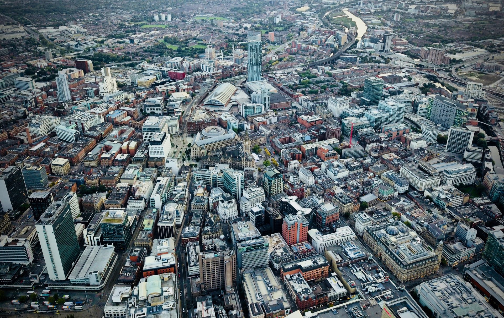Ariel view of Manchester skyline in the North West