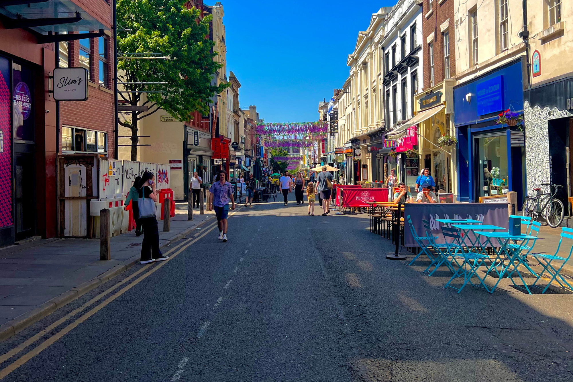 Liverpool Town Centre busy side street showing shops down both sides and road down the middle very popular area of liverpool