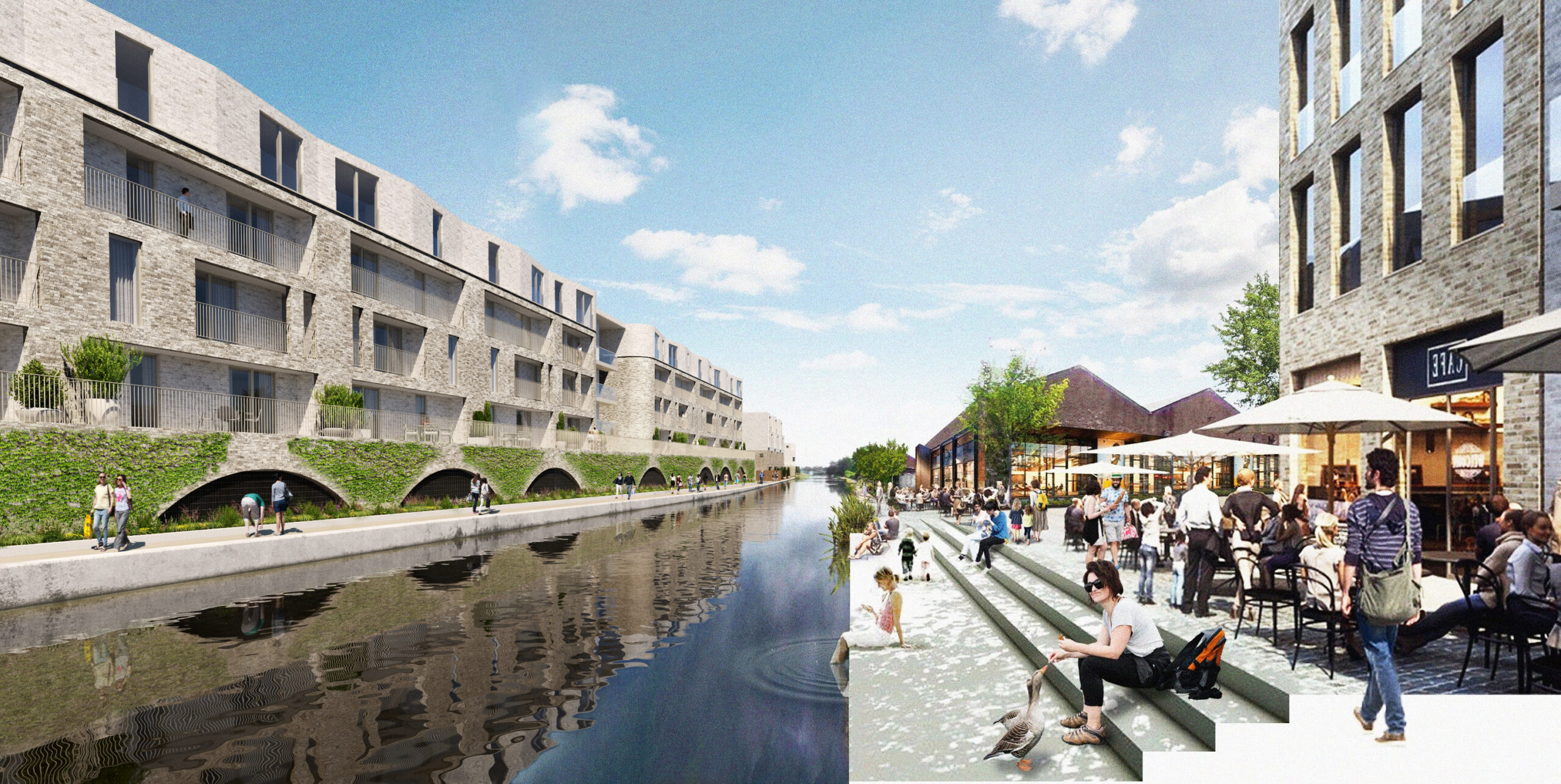 Depiction of the outside of Royal Canal Works apartment showing the canal, blue skies and people enjoying the outdoors