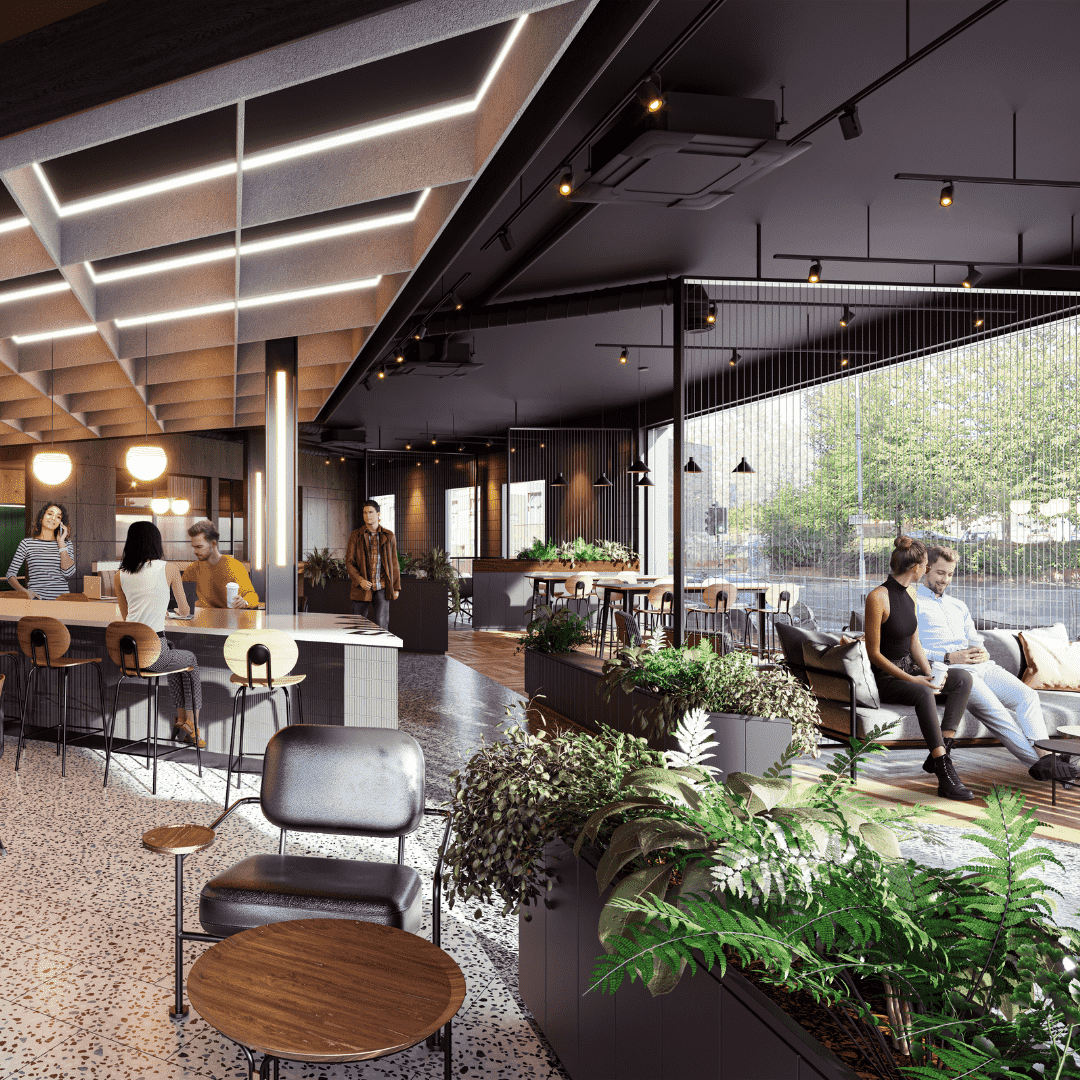 Depiction of amenity space at SONA with people sitting around a table and talking to each other