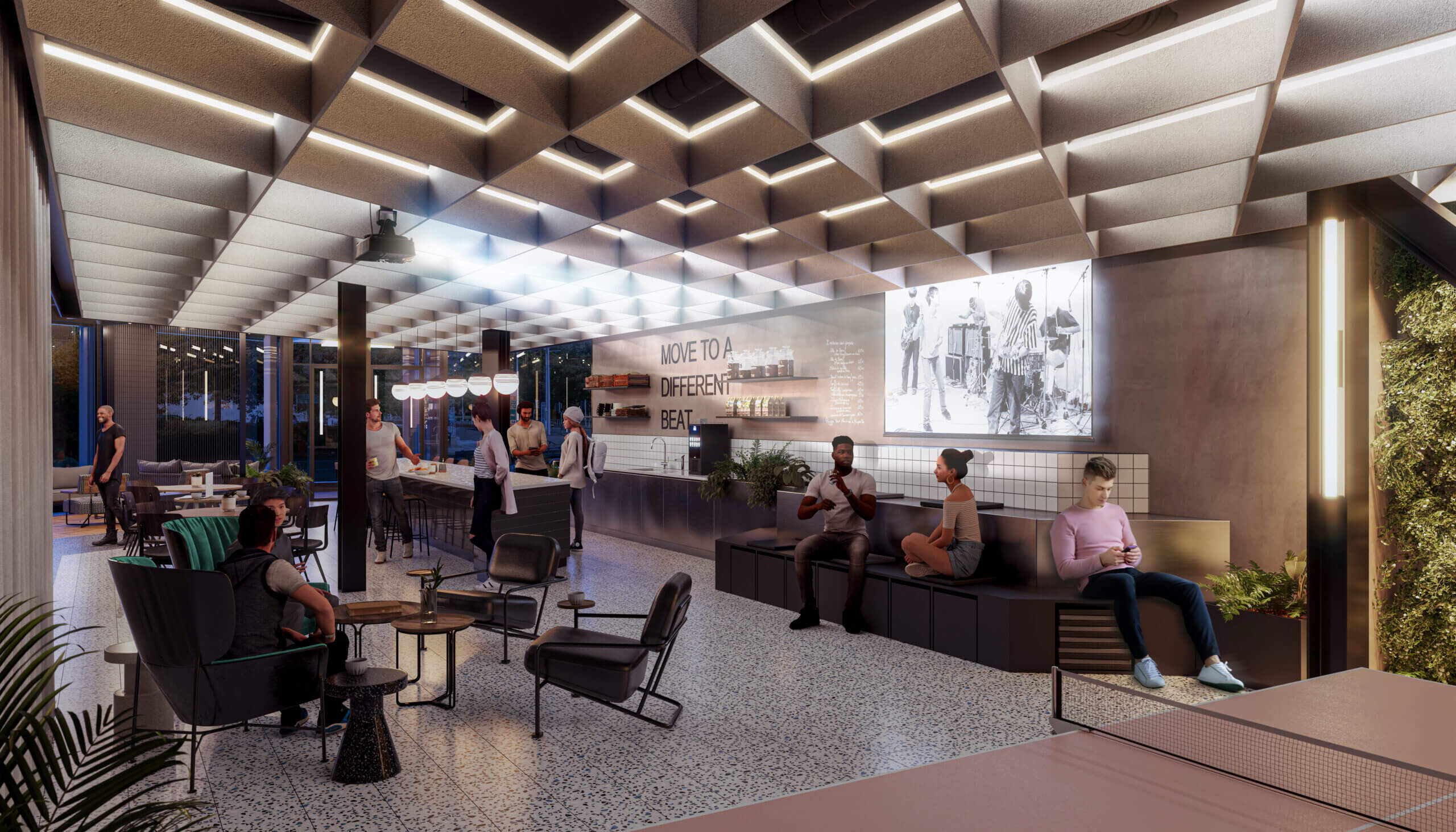 Depiction of future tenants enjoying the communal lounge at SONA BTR Residential scheme.