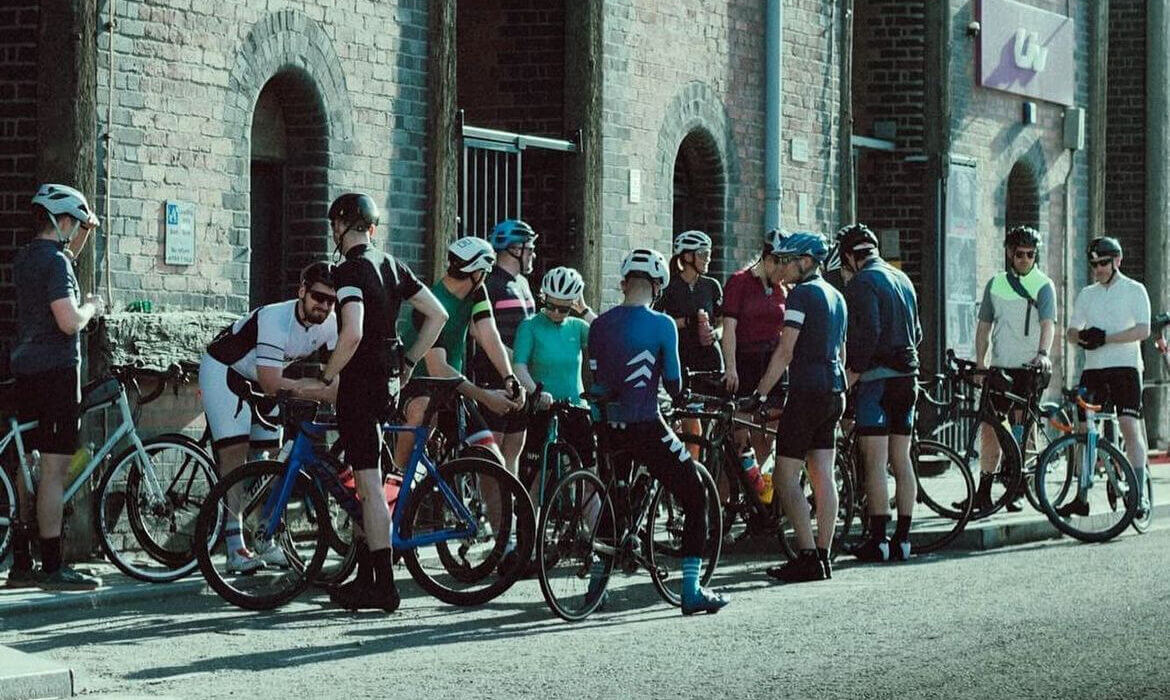 Giant Bike Store cycling event at Elevator Studios in Liverpool people crowded with bikes together