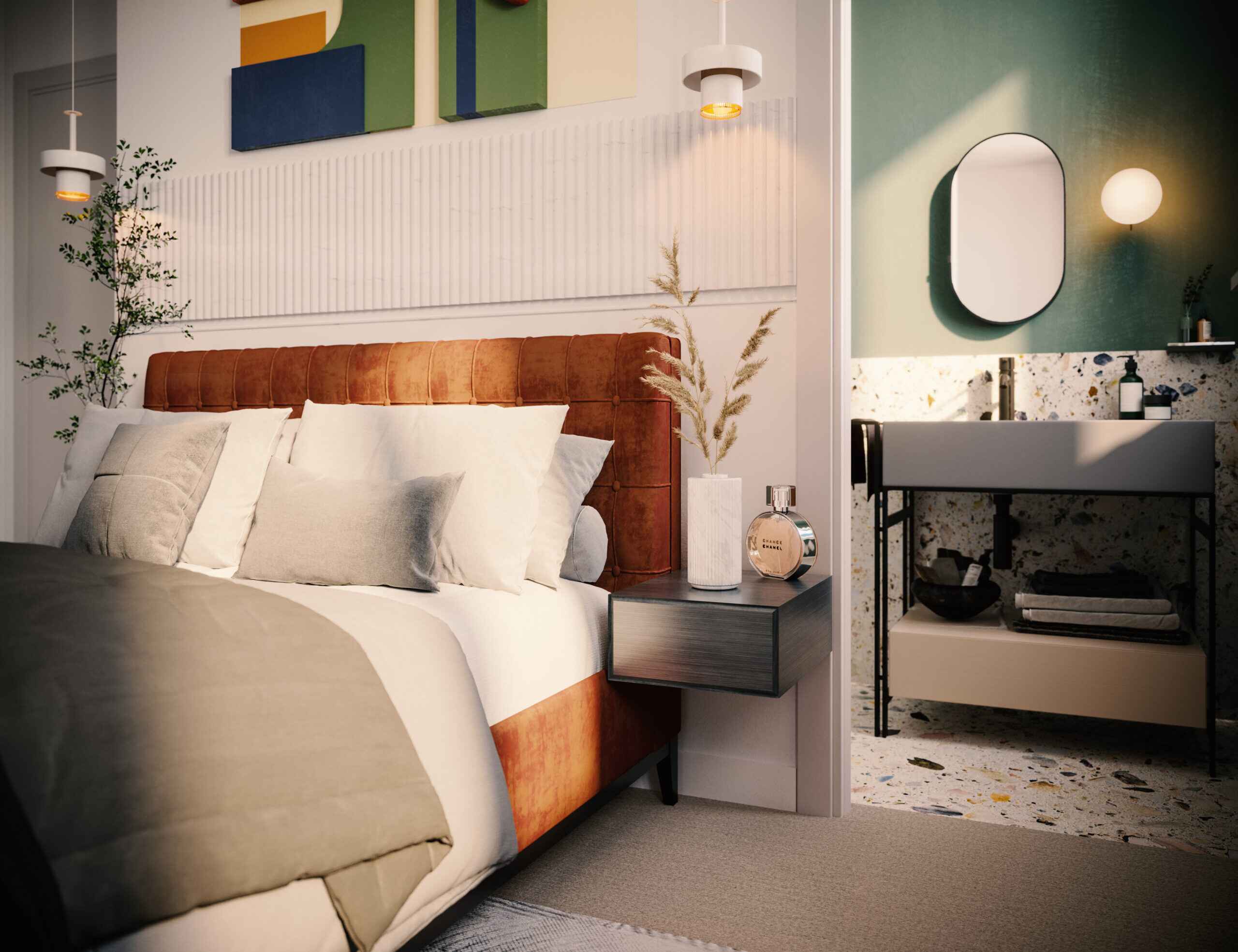 Depiction of Internal bedroom in Centric featuring rust coloured bed with grey bedding and green and yellow art work above while showing ensuite with oval mirror on wall