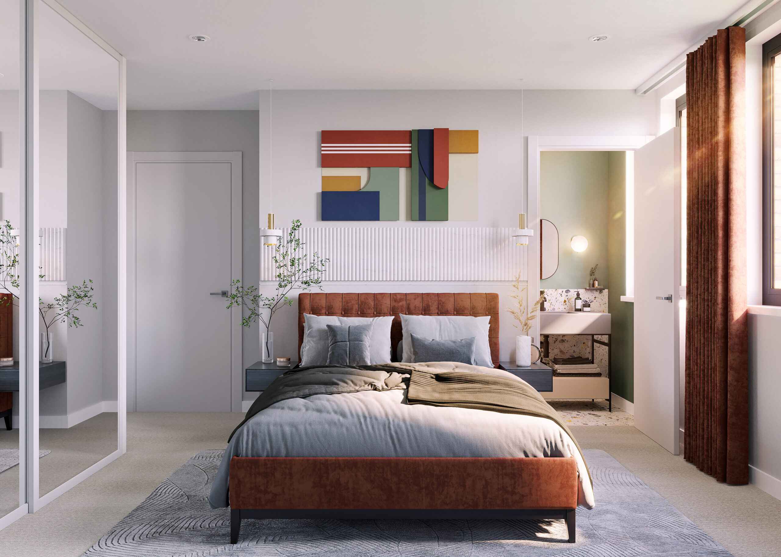Depiction of Internal bedroom in Centric featuring rust coloured bed with grey bedding and green and yellow art work above while showing ensuite with oval mirror on wall