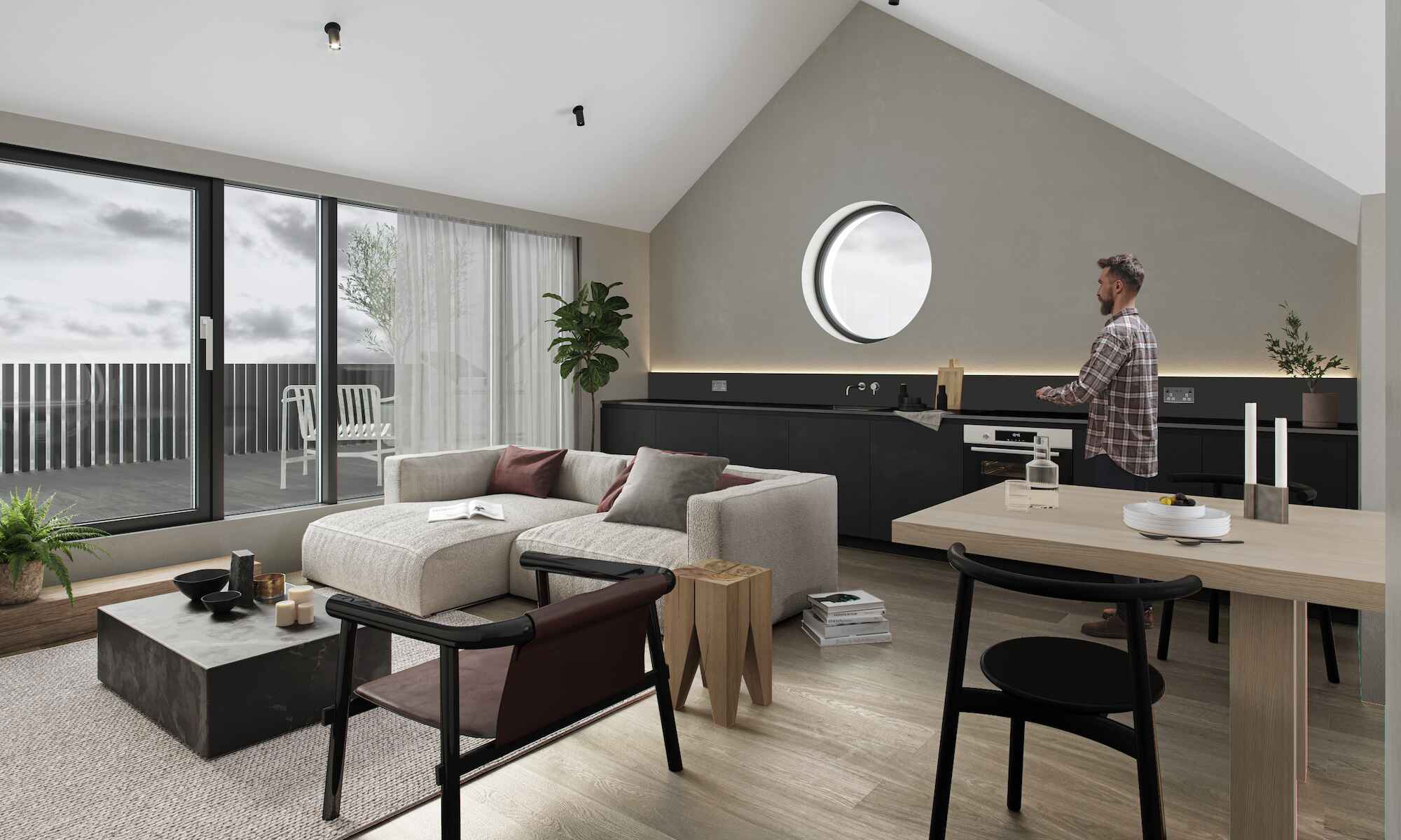 Depiction of Living room and kitchen in Peelers Yard