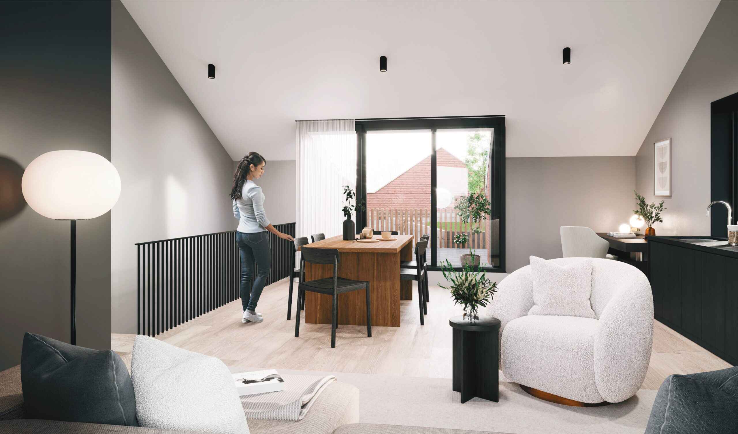 Internal CGI of living room kitchen dining area in Peelers Yard Goulden Street Manchester