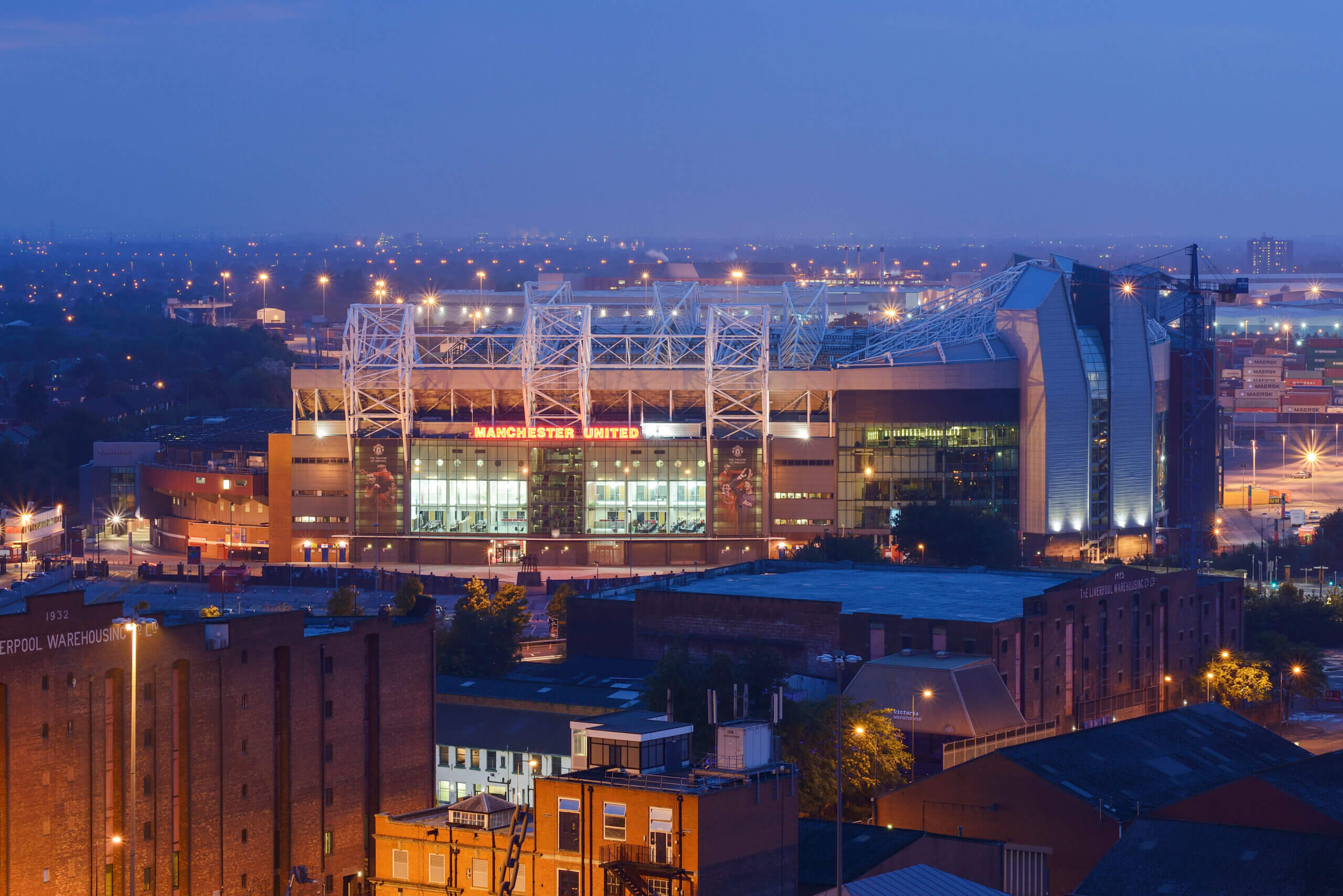 Old Trafford Football Stadium at night
