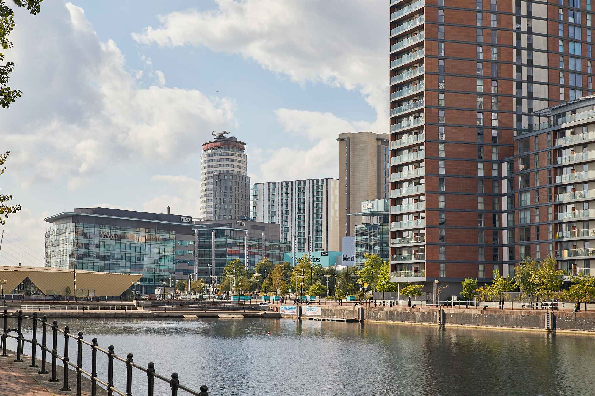 Quays in salford quays with media city in the distance