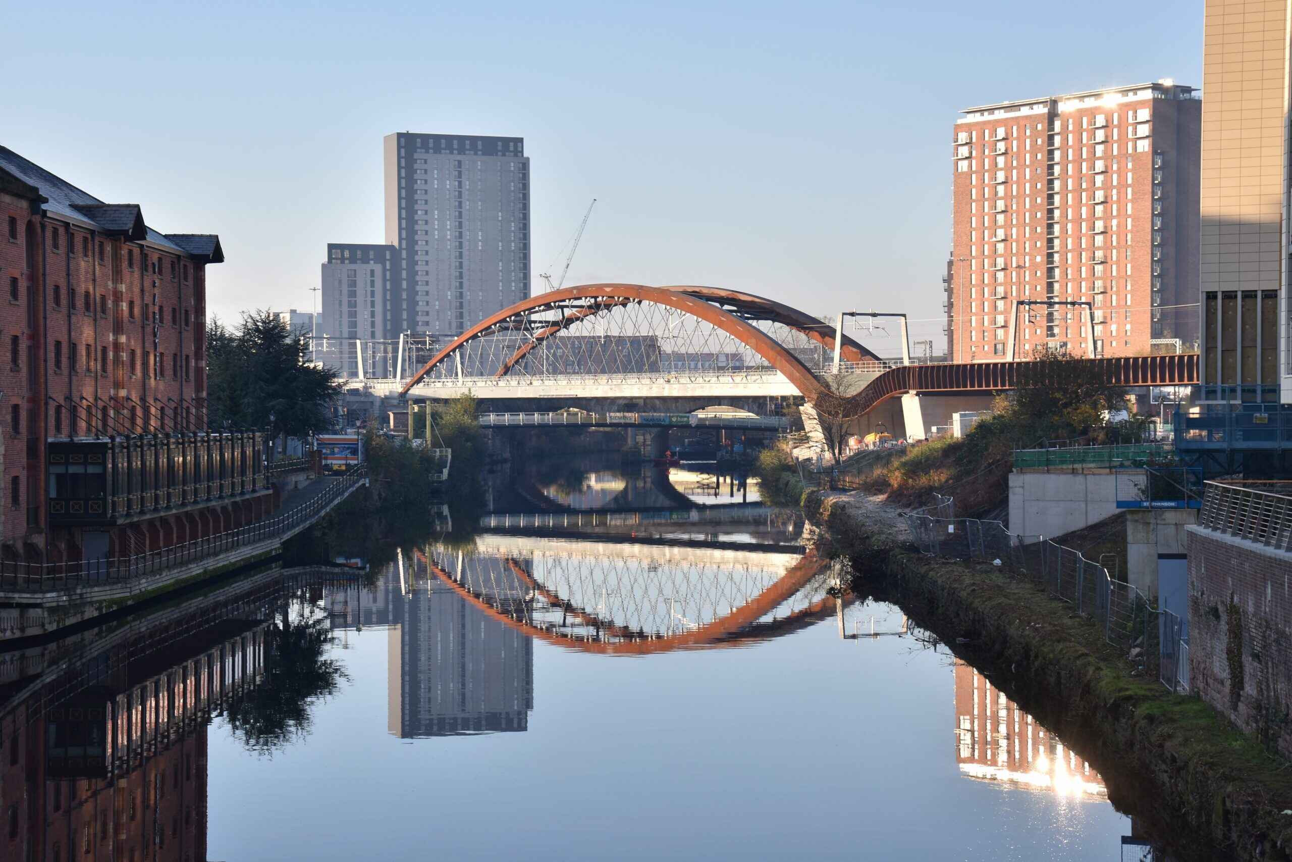 River Irwell in Salford with red bridge