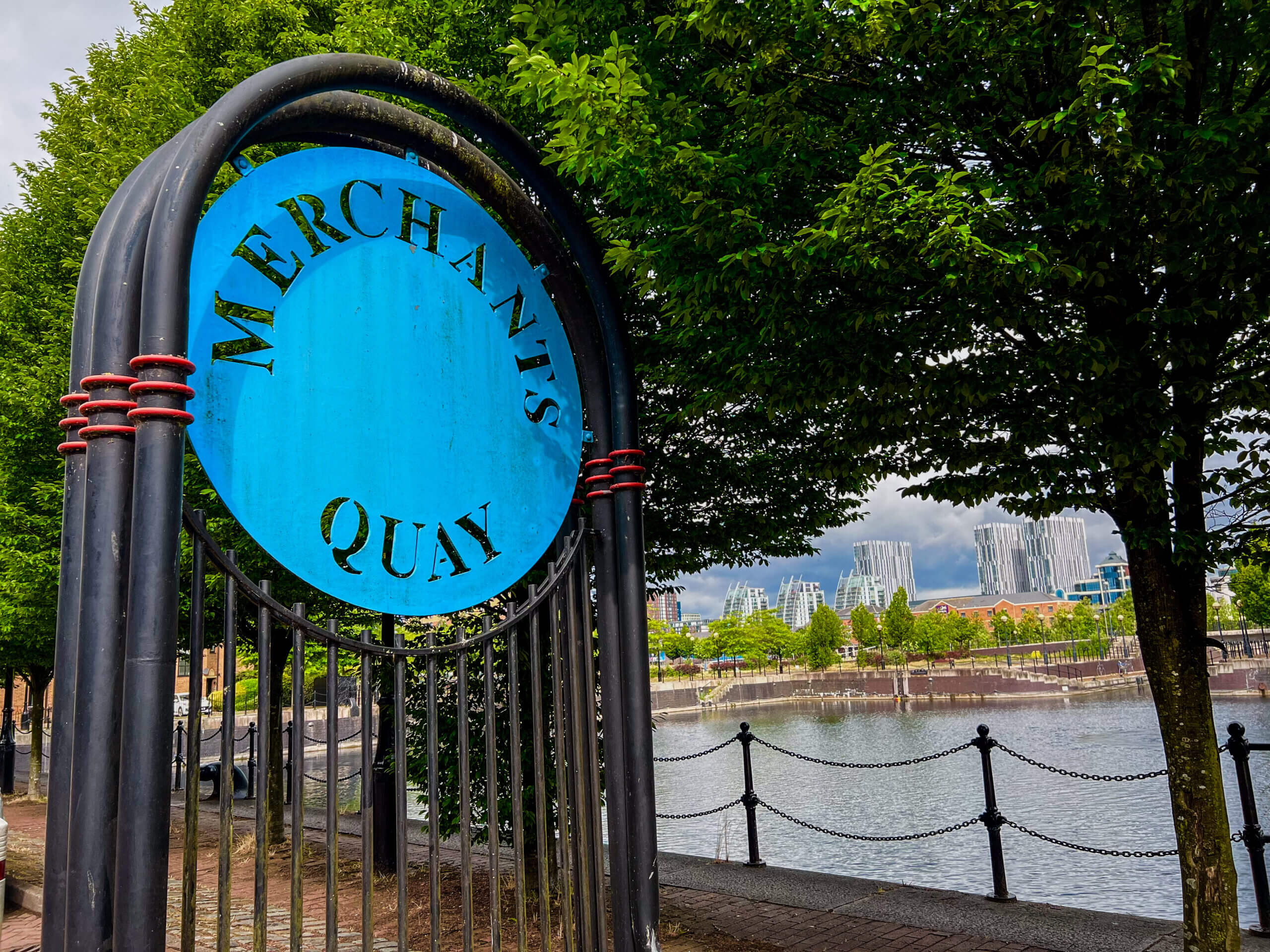 Salfords Quays The Junction outside shot of Merchants Quay logo and quayside located behind the sign
